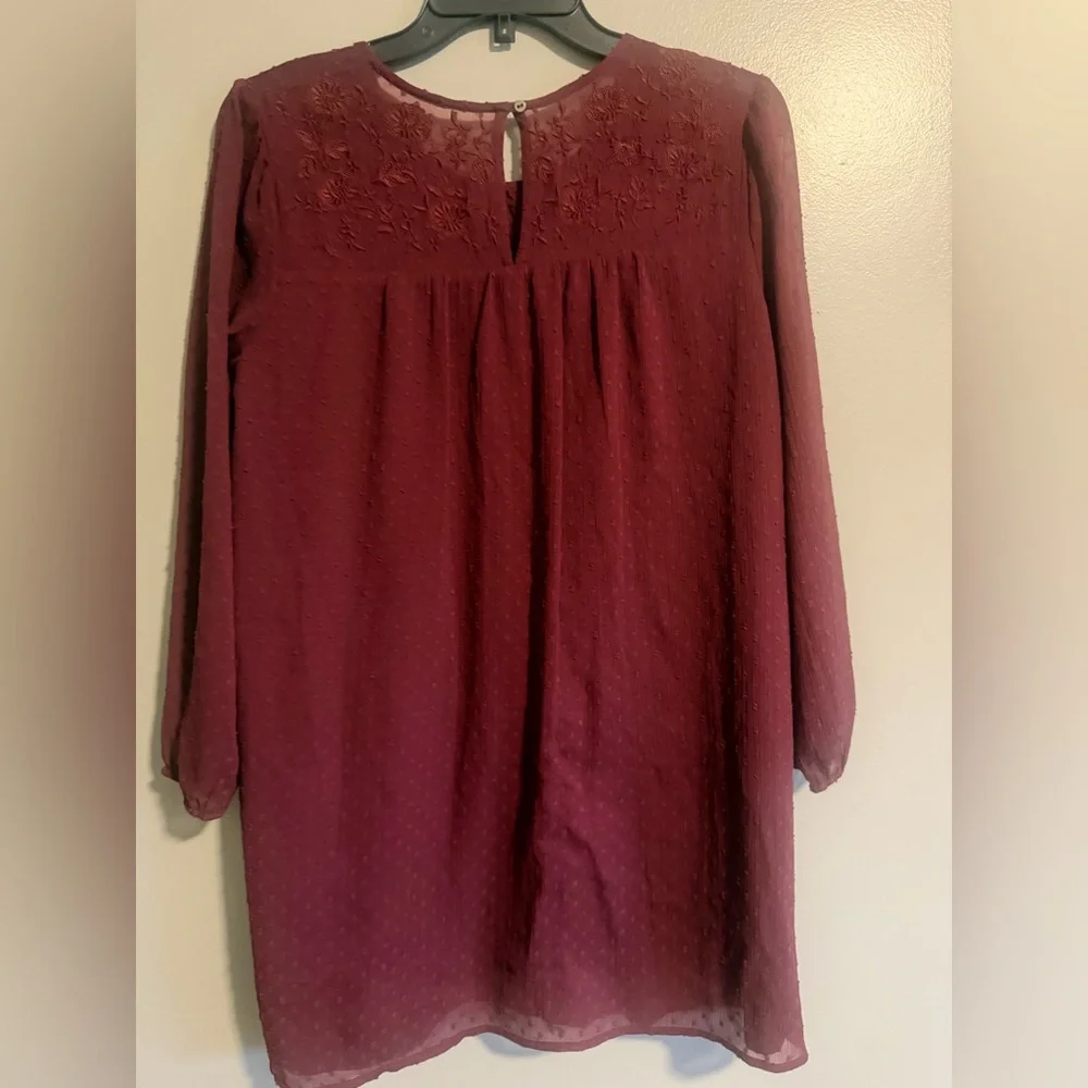 Abercrombie & Fitch Maroon Swiss Dot Sheer sleeve embroidered short dress PS